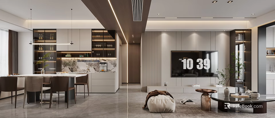 Modern Living And Dining Room Interior With Open Layout Dining Table Sofa And TV Unit 3d model