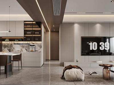 Modern Living And Dining Room Interior With Open Layout Dining Table Sofa And TV Unit 3d model