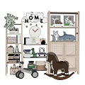 Plush Dolls Display On Wooden Shelves With Dinosaur Horse Whale Figures Clock And Green Plants