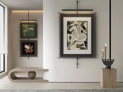 Abstract Painting Artwork Hanging On Wall In Modern Interior With Wooden Bench And Candle Holder 3d model