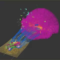 Pink Truck Emitting Large Orange Red Flames With Flying Debris On Dark Background