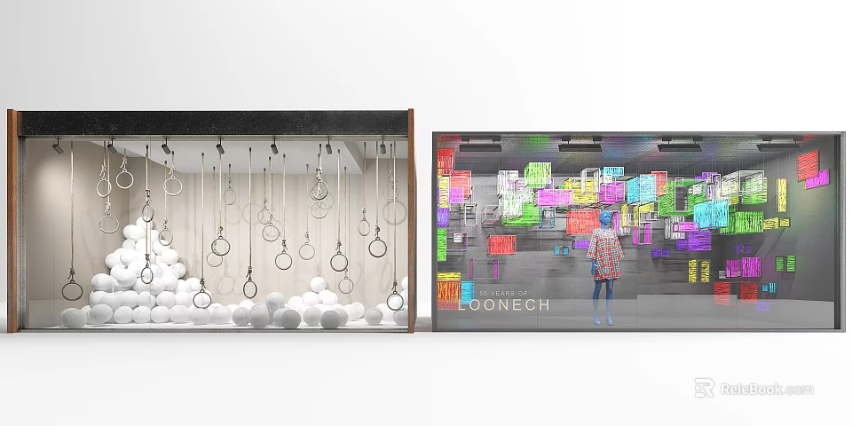 Creative Window Display With Hanging Metal Rings White Spheres Colorful Signs And Mannequin 3d model 