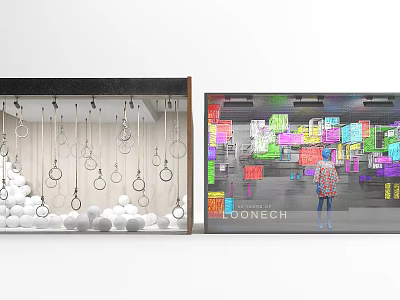 Creative Window Display With Hanging Metal Rings White Spheres Colorful Signs And Mannequin 3d model