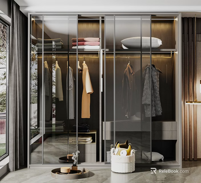 Elegant Modern Wardrobe Interior With Glass Doors Hanging Space And Folded Clothes 3d model 