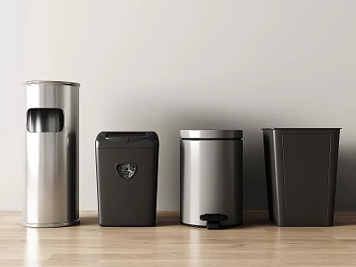 Modern Pedal And Manual Trash Bins In Silver Black For Home Wooden Floor Use 3d model