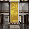 Modern Interior Design With Wooden Bookshelves Dining Table And Decorative Screens