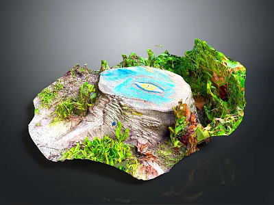 Lush Green Plants Surrounding Tree Stump With Small Blue Water Puddle And Moss 3d model
