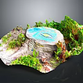 Lush Green Plants Surrounding Tree Stump With Small Blue Water Puddle And Moss