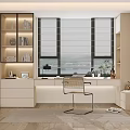 Modern Bookshelf In Home Office With Open Shelves Books Decor Desk Chair And Window Blinds