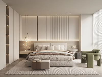 Modern Bedroom Interior With Vertical Striped Wall Plush Pillows Pendant Lights And Green Accent Chair 3d model