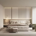 Modern Bedroom Interior With Vertical Striped Wall Plush Pillows Pendant Lights And Green Accent Chair