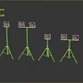 Five Square Lamps With Yellow Black Striped Tripods On Gray Reflective Floor