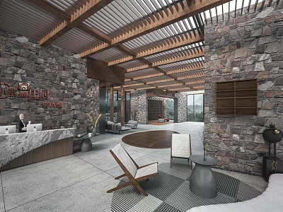 Rustic Modern Lobby Lounge With Stone Walls Wooden Ceiling Beams Reception Desk And Circular Seating 3d model