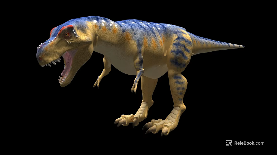 Realistic Dinosaur Reptile Model With Blue Yellow Orange Patterns Sharp Teeth Open Mouth Black Background 3d model