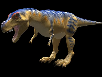 Realistic Dinosaur Reptile Model With Blue Yellow Orange Patterns Sharp Teeth Open Mouth Black Background 3d model