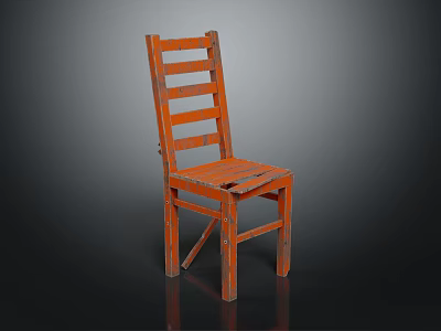 Orange Wooden Distressed Vintage Chair With Rustic Backrest And Sturdy Four Legs 3d model