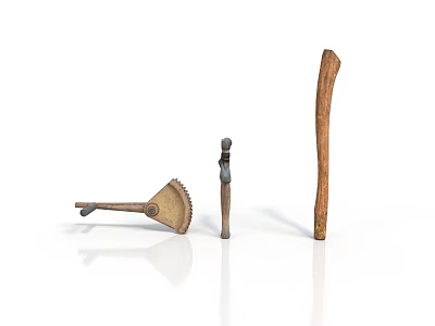 Handmade Wooden Artifacts Including Fan Shaped Tool Small Figurine And Long Stick 3d model