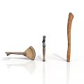 Handmade Wooden Artifacts Including Fan Shaped Tool Small Figurine And Long Stick