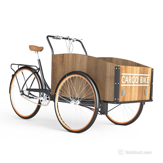 Practical Cargo Bike With Wooden Cargo Box Black Frame And Three Wheels 3d model