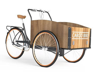 Practical Cargo Bike With Wooden Cargo Box Black Frame And Three Wheels 3d model