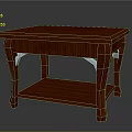 Solid Red Wooden Table With Square Top And Lower Shelf Design