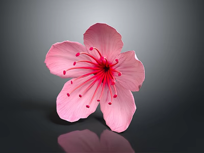 Pink Flower With Soft Pink Petals And Vibrant Red Stamen On Gray Background With Reflection 3d model
