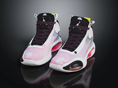 Stylish High Top Athletic Shoes Featuring Pink White Colorway Black Laces And Modern Design Details 3d model
