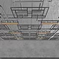 Modern Ceiling Design with Geometric Metal Frames and Hanging Lighting Fixtures 3d model