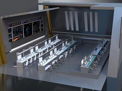 Futuristic Control Room Interior Featuring Console Workstations Digital Displays And Control Panels 3d model