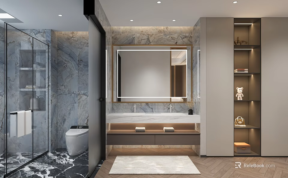 Elegant Modern Bathroom Interior With Marble Walls Large Mirror Double Vanity Glass Shower Freestanding Toilet 3d model 