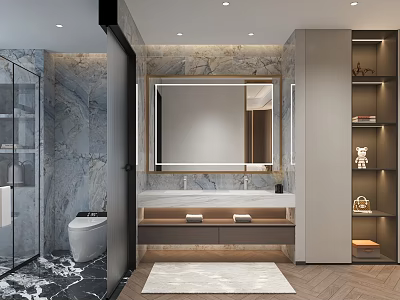 Elegant Modern Bathroom Interior With Marble Walls Large Mirror Double Vanity Glass Shower Freestanding Toilet 3d model