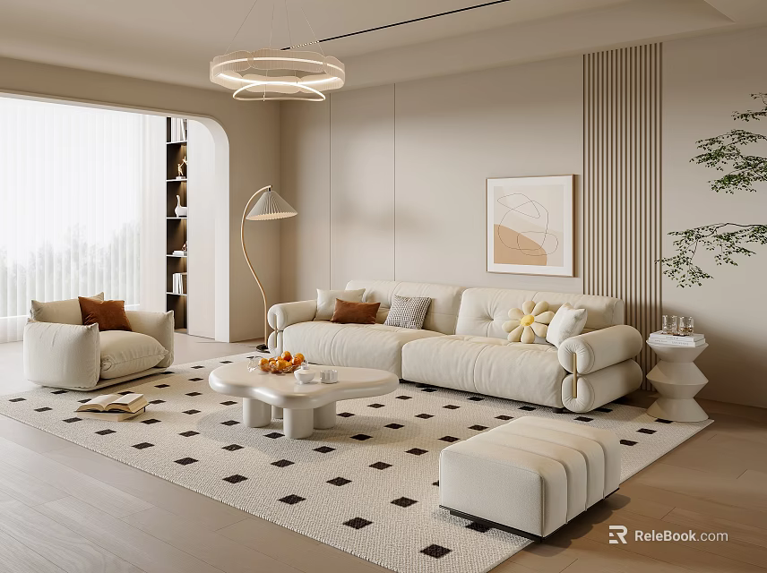 Modern Living Room Interior Design With Beige Sofa Coffee Table Floor Lamp And Geometric Rug 3d model 