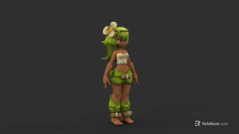 3D Game and Movie Character With Green Hair White Flower Decoration White Top Green Shorts and Green Leg Straps 3d model 