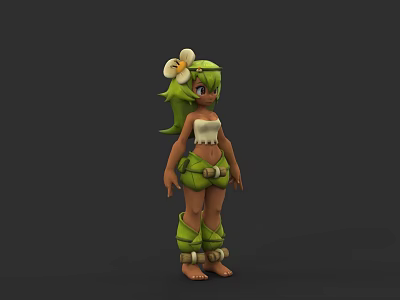 3D Game and Movie Character With Green Hair White Flower Decoration White Top Green Shorts and Green Leg Straps 3d model