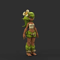 3D Game and Movie Character With Green Hair White Flower Decoration White Top Green Shorts and Green Leg Straps