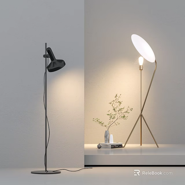 Modern Black And Gold Floor Lamps With White Shade Small Plant And Books 3d model 