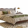 Double Bed Wooden Headboard With Green Pillows Blanket Nightstands Lamp And Black White Diamond Rug