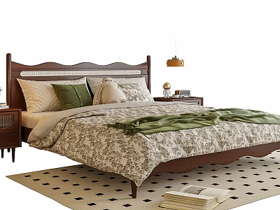 Double Bed Wooden Headboard With Green Pillows Blanket Nightstands Lamp And Black White Diamond Rug 3d model