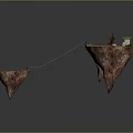 Floating Islands Connected by Wooden Bridge with Campfire Green Plants Stones and Water