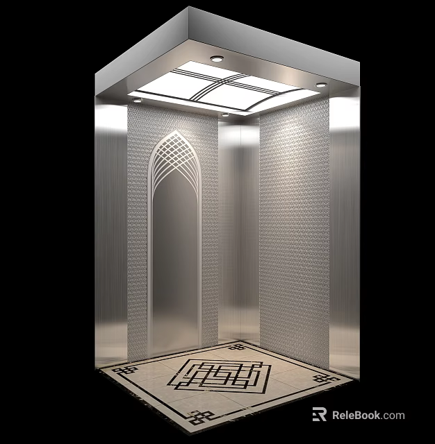 Public Facility Elevator Interior With Metal Walls Decorative Door Ceiling Lighting And Floor Pattern 3d model