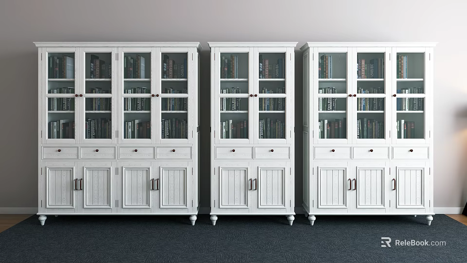 Simple Modern White Bookcase With Glass Doors Drawers And Cabinets For Organizing Books 3d model 