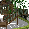 Wooden Tree House With Slide Stairs And Observation Windows Surrounded By Green Plants