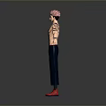 3D Character Model With Pink Hair Torso Tattoos Black Pants Red Shoes Arms Outstretched
