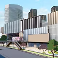 Vibrant Commercial Landscape With Modern Buildings Gucci Store Steps Greenery And Pedestrians