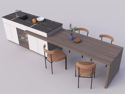 Modern Bar Counter Interior With Wooden Top Four Brown Chairs And Vase 3d model