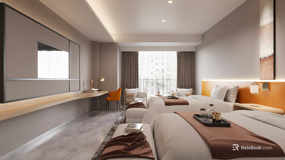 Modern Hotel Room With Double Beds Desk And Orange Chair 3d model 