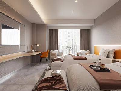 Modern Hotel Room With Double Beds Desk And Orange Chair 3d model