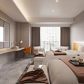 Modern Hotel Room With Double Beds Desk And Orange Chair
