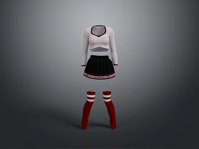 Cheerleader Costume With White Long Sleeve Top Black Skirt And Striped Socks 3d model