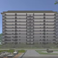 Modern High Rise Residential Building With Glass Facade And Landscaped Garden